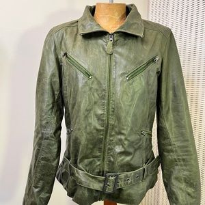 Olive Green Leather Jacket sz 12 Removable Hood